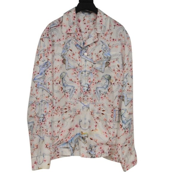 Dior Mens Sorayama Robot Floral Button Down Pajama Shirt Size 41 White Pink Silk - Picture 1 of 13